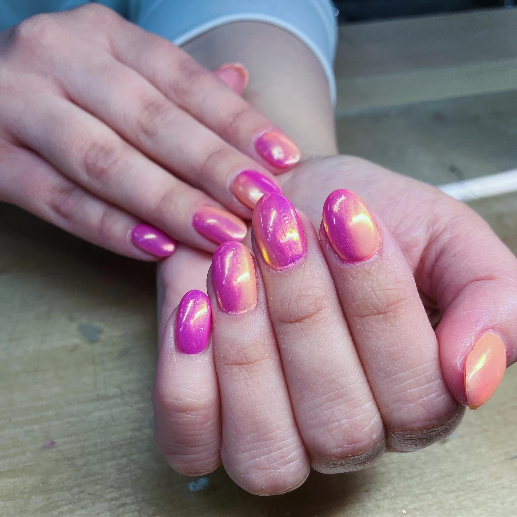 17. Iridescent Sunset Chrome Nails - pink and orange nail ideas