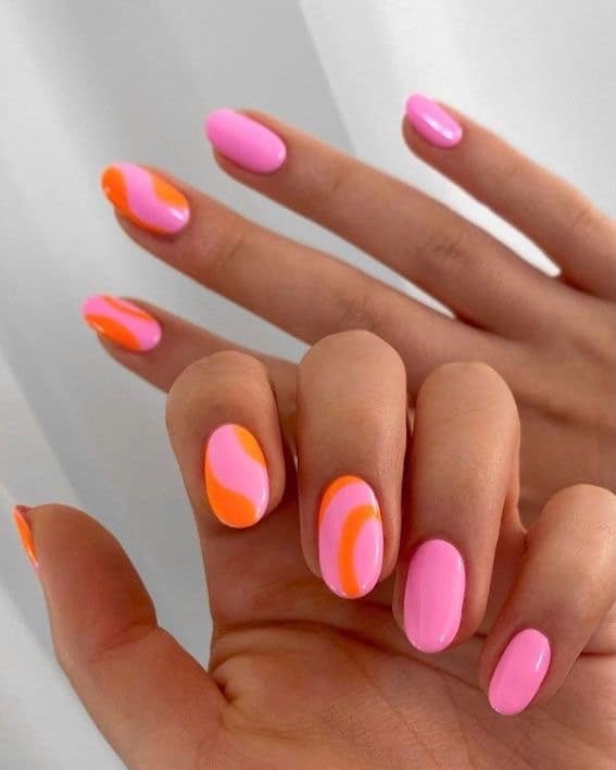 18. Soft Curve Neon Nails - pink and orange nail ideas