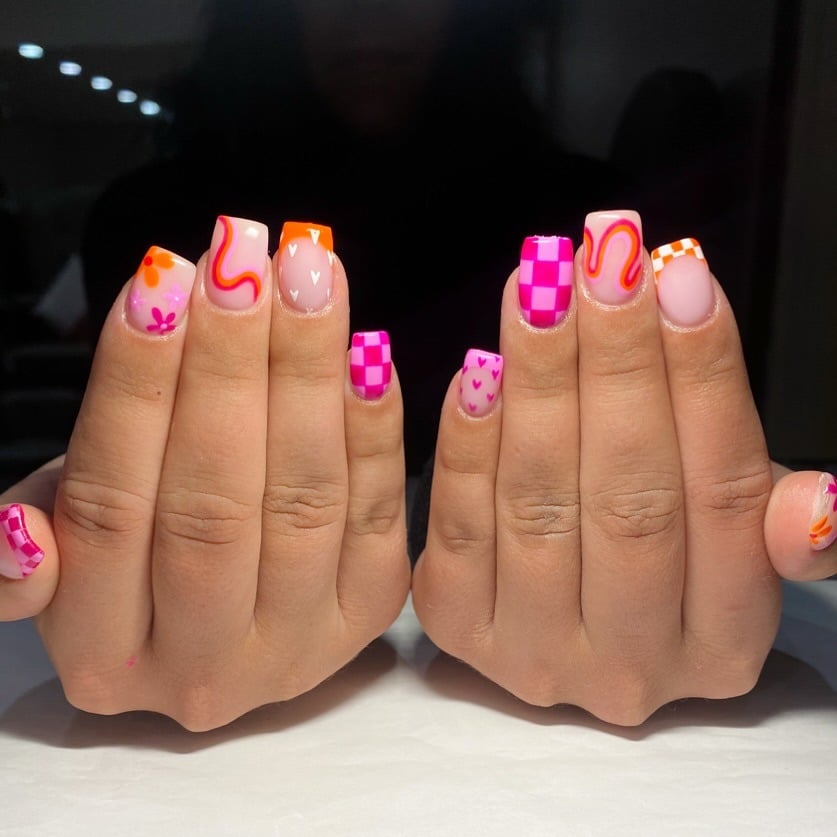 22. Retro Mix Checkerboard Nails - pink and orange nail ideas