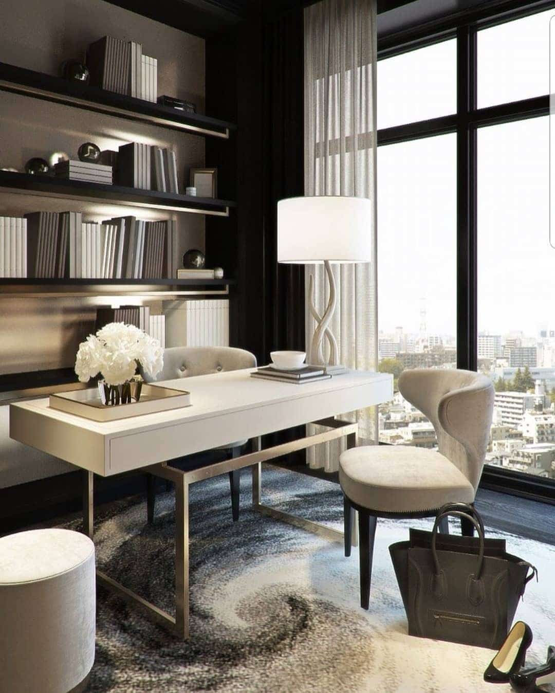 6. Chic Urban Neutrals with a Glam Edge - feminine home office ideas