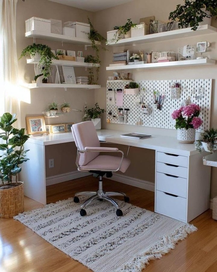 9. Botanical Whimsy in Soft White - feminine home office ideas