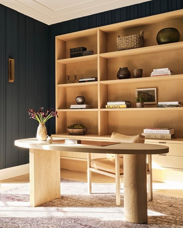 11. Warm Walnut and Midnight Contrast - feminine home office ideas