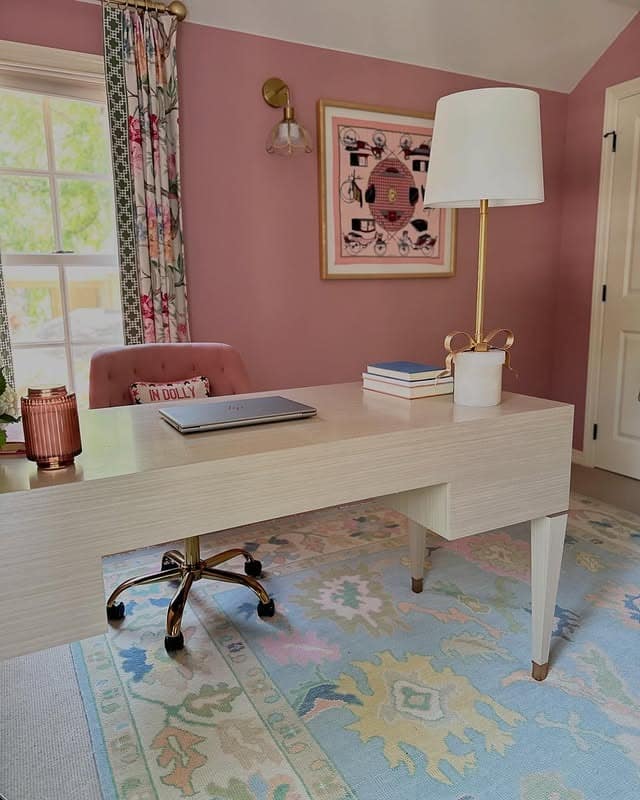 12. Blush Confidence with Playful Pattern - feminine home office ideas