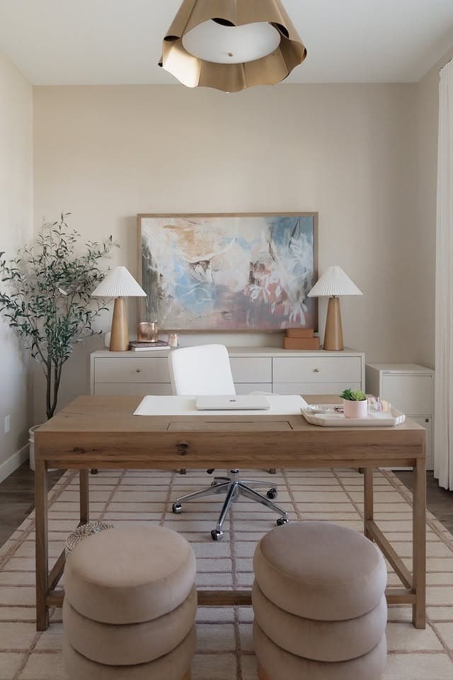 19. Muted Neutrals with Sculptural Warmth - feminine home office ideas