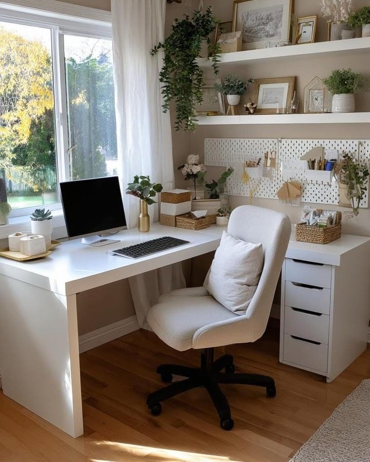 20. Soft White and Botanical Balance - feminine home office ideas