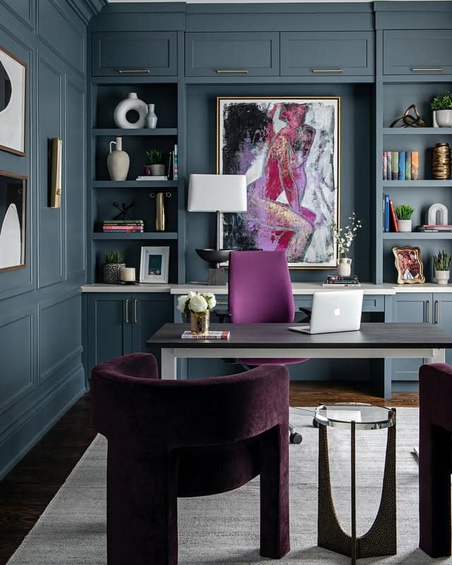 21. Deep Charcoal Elegance with Plum Accents - feminine home office ideas