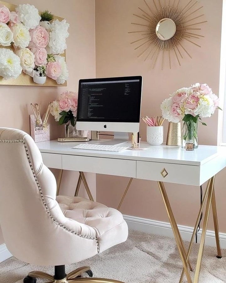22. Soft Blush Glamour with Gold Details - feminine home office ideas
