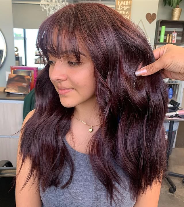 22. Berry Satin Waves with Curtain Fringe - Wine Hair Color
