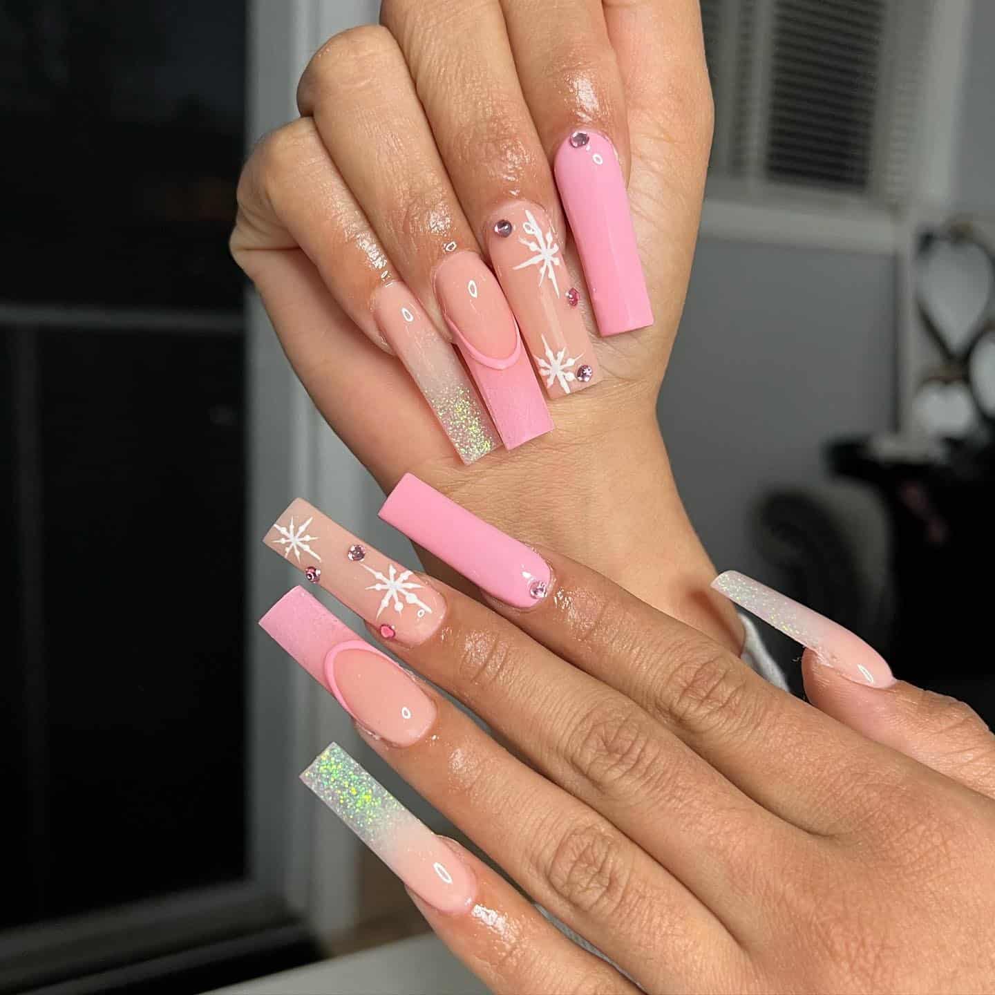 2. Glazed Pink Sparkle Winter Nails - pink christmas nail ideas