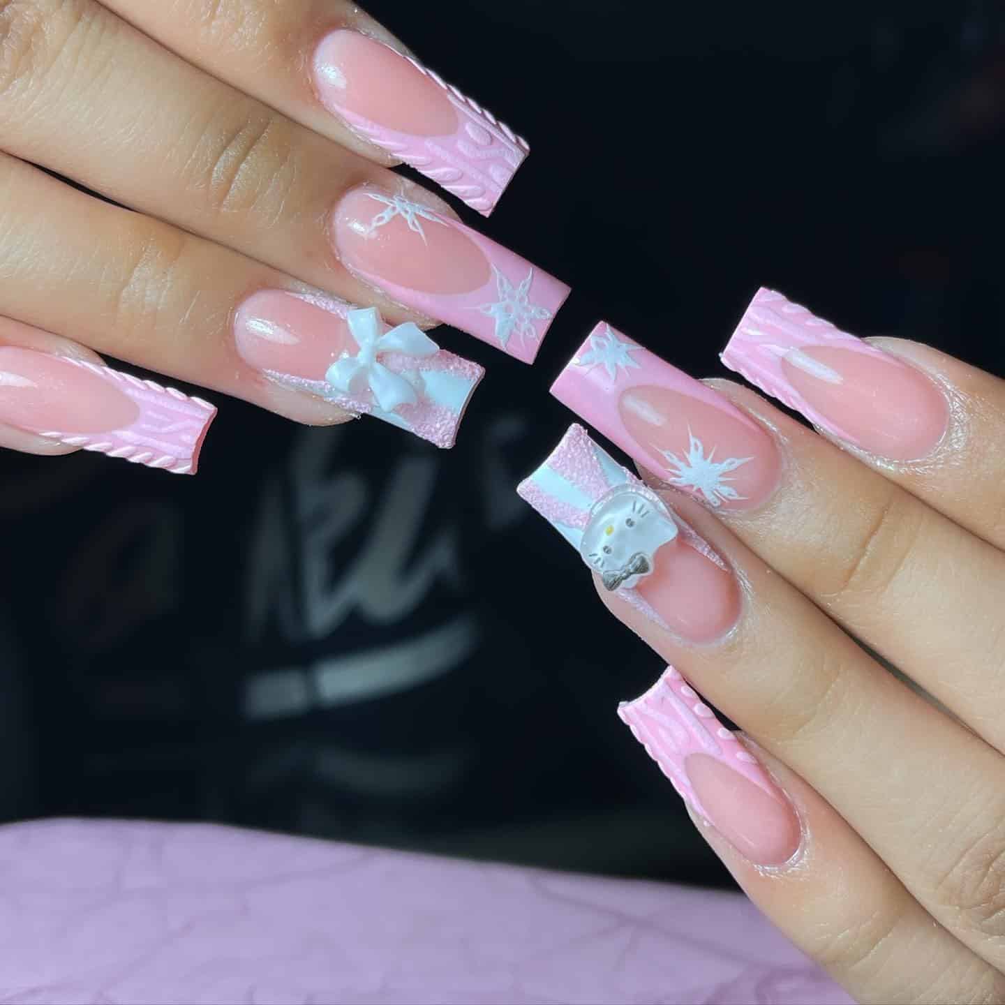 4. Pink Winter Wonderland Nails with 3D Accents - pink christmas nail ideas