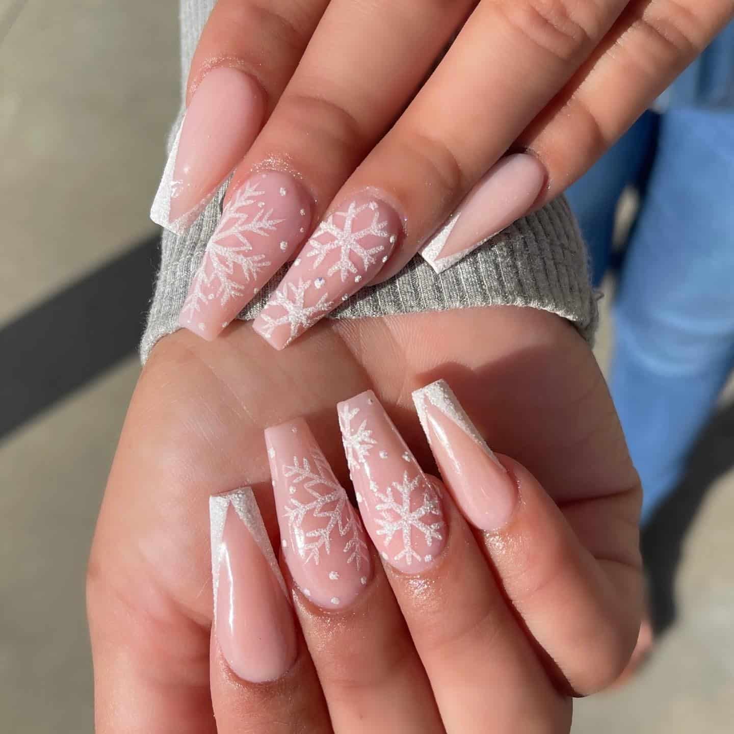 5. Snowflake French Tips with White Glitter - pink christmas nail ideas