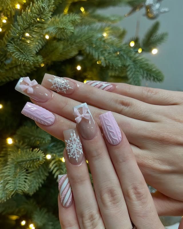 7. Pink Cozy Sweater and Gift Nails - pink christmas nail ideas