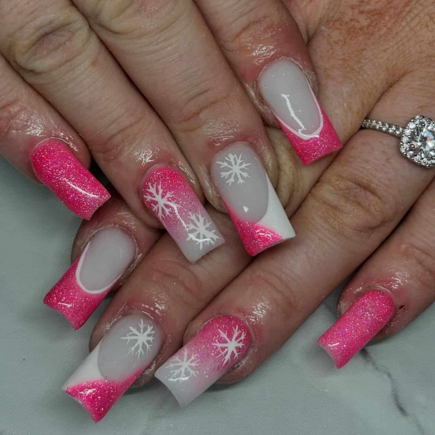 8. Sparkling Pink French Frost Nails - pink christmas nail ideas