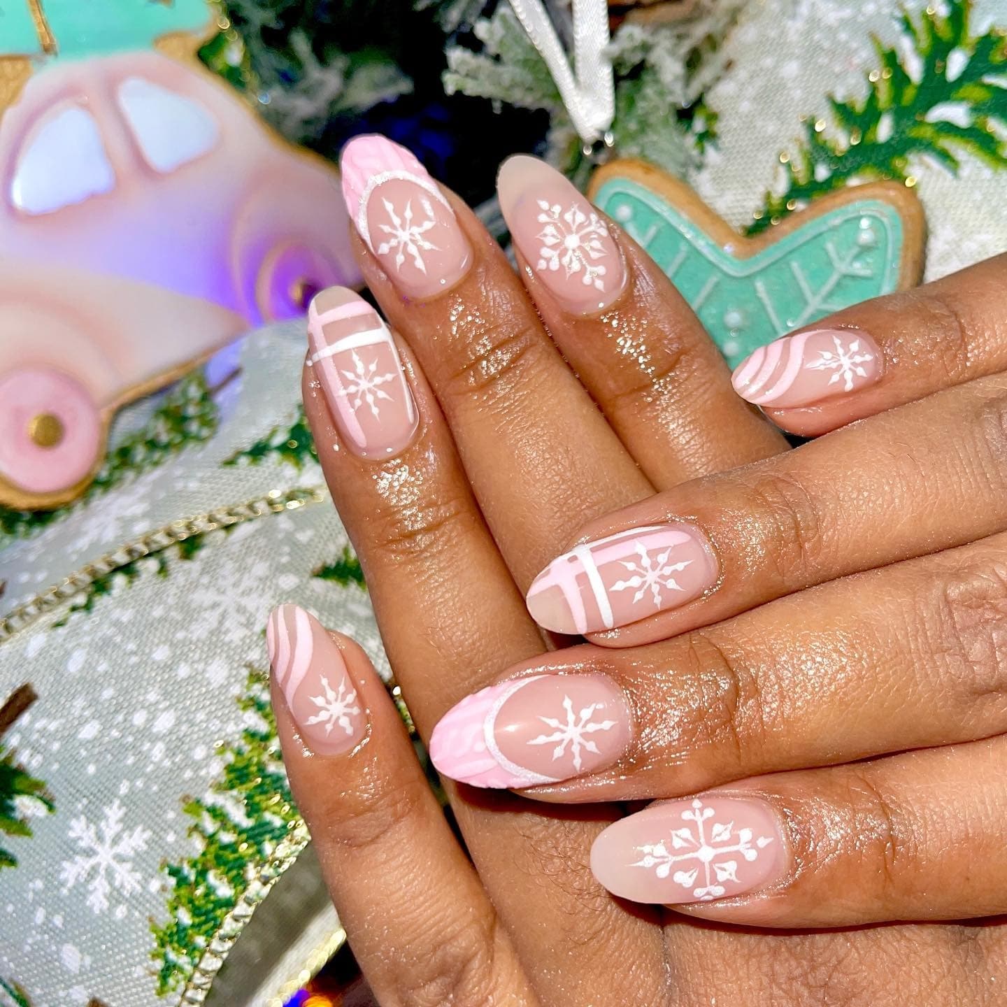14. Frosty Pink Almond Nails - pink christmas nail ideas