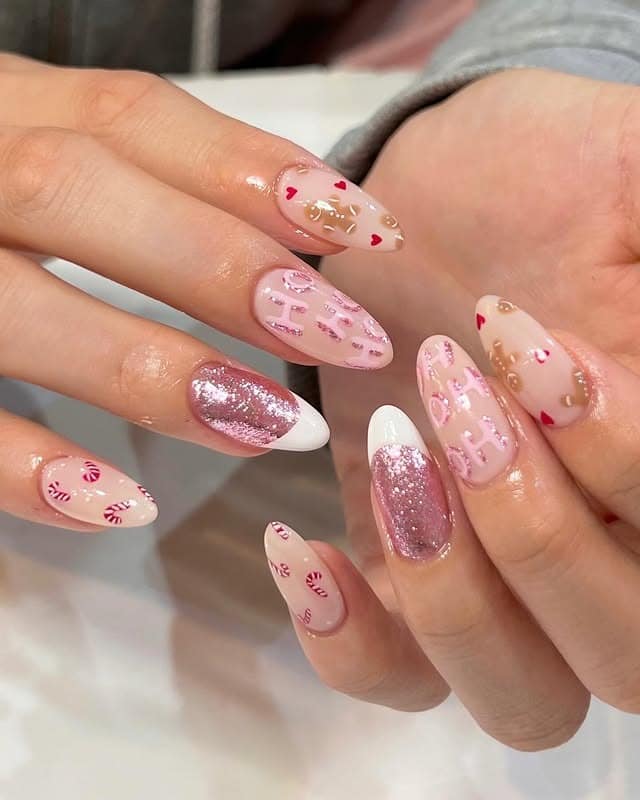 16. Gingerbread and Candy Sparkle Nails - pink christmas nail ideas