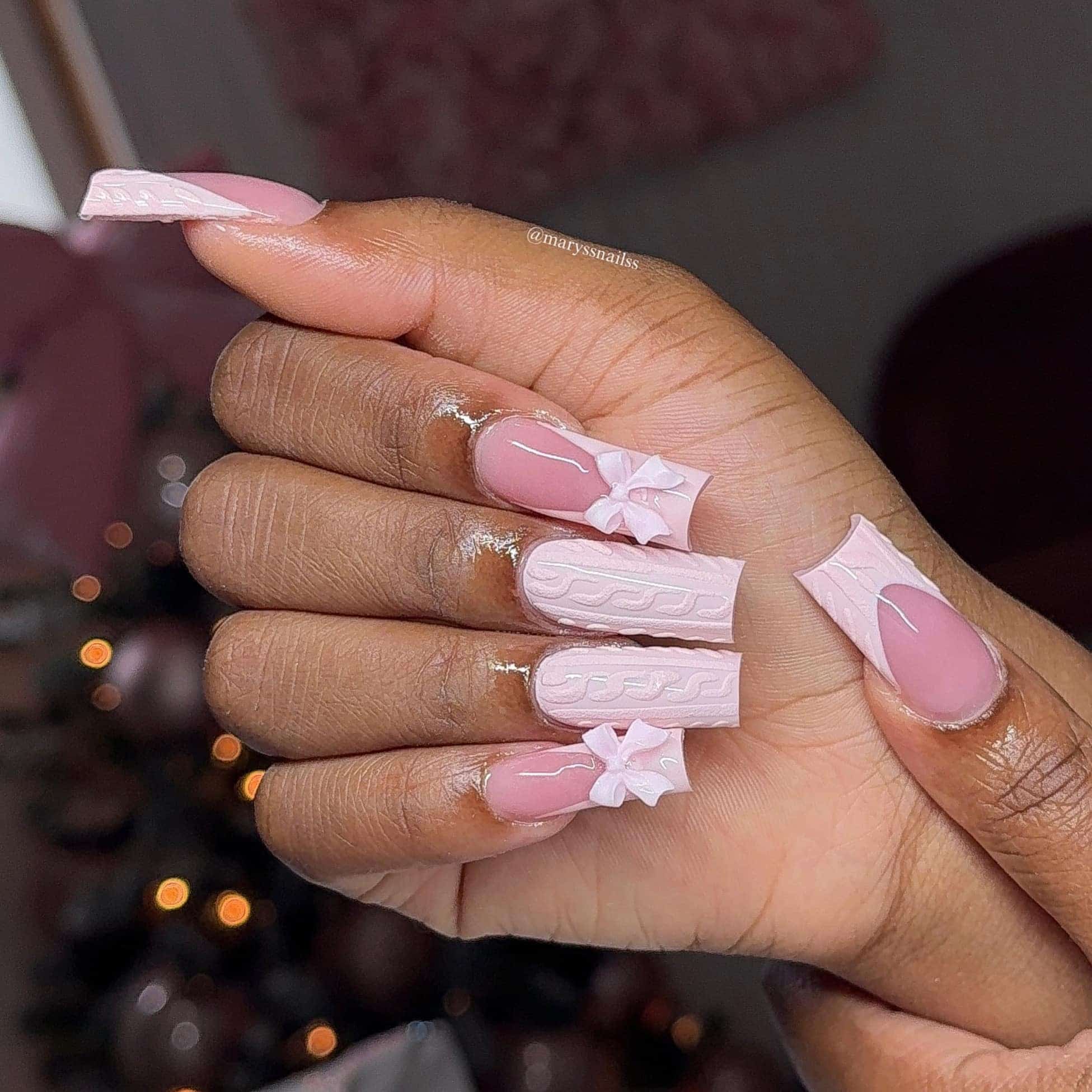 18. Blush Knit Sweater Nails with 3D Bows - pink christmas nail ideas