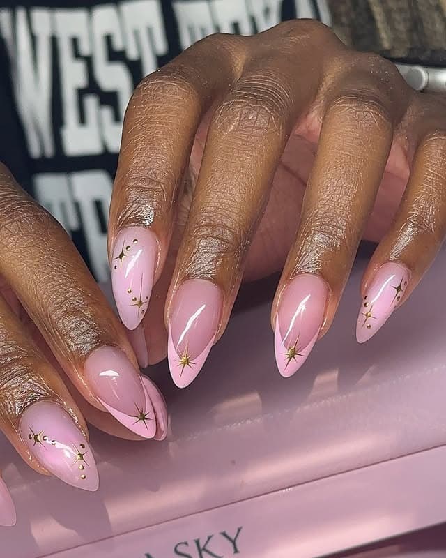 21. Golden Star Pink Almond Nails - pink christmas nail ideas