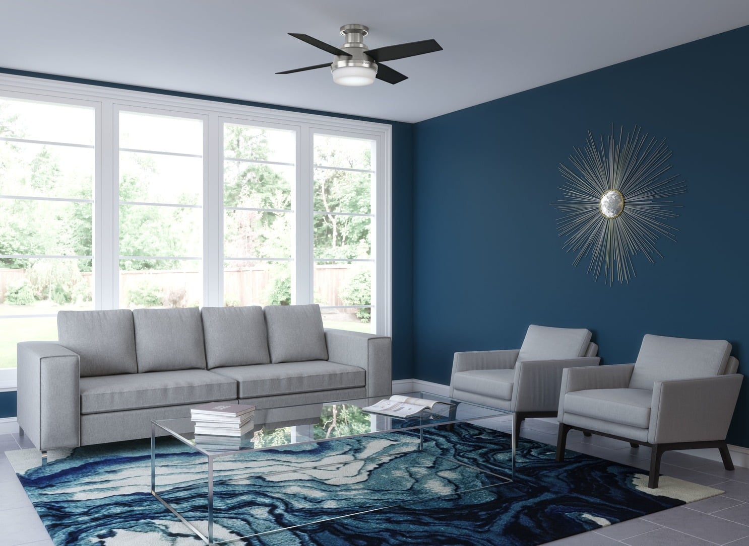 14. Streamlined Modern Blue Feature Wall - gray and blue living room ideas