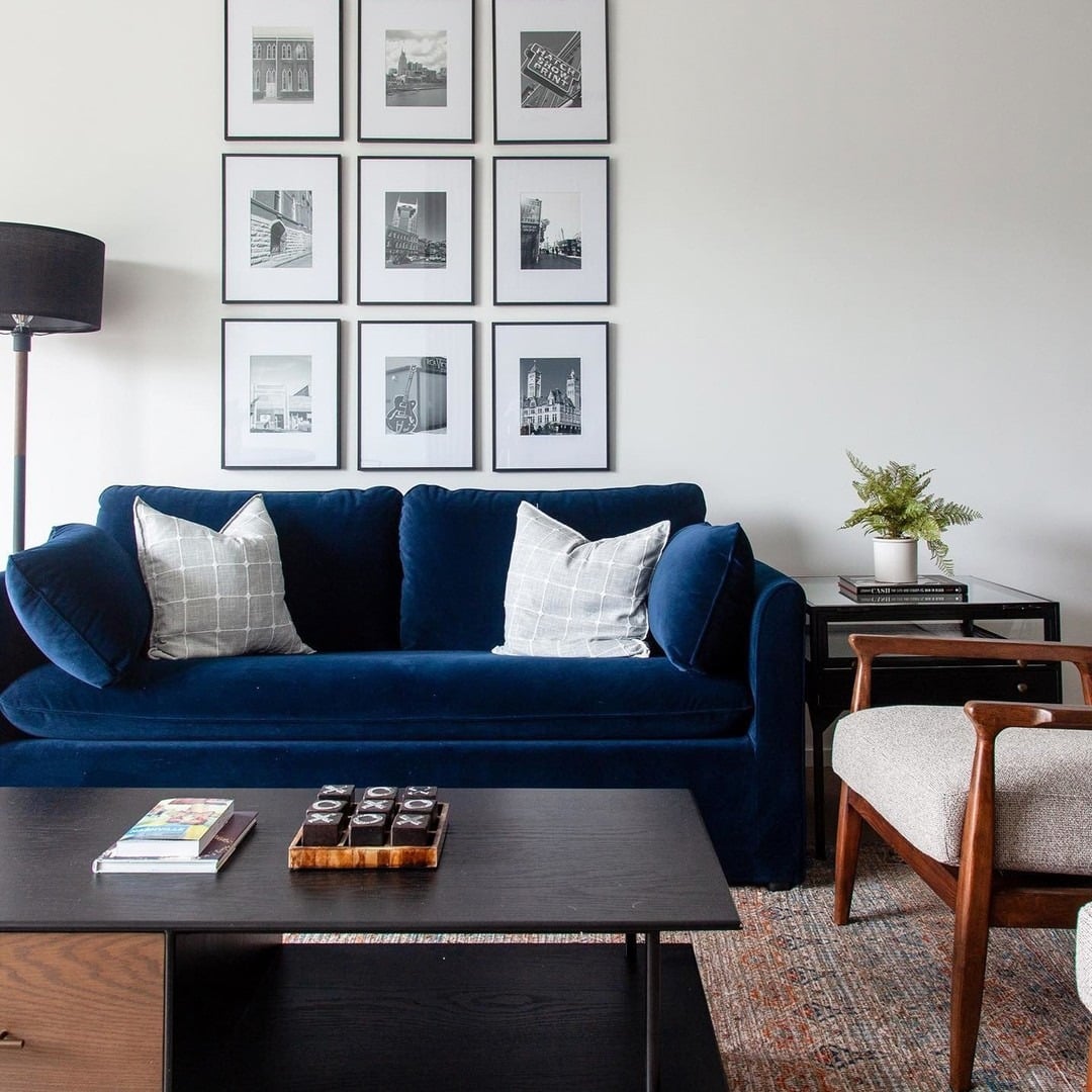 16. Classic Blue Velvet with Modern Framing - gray and blue living room ideas