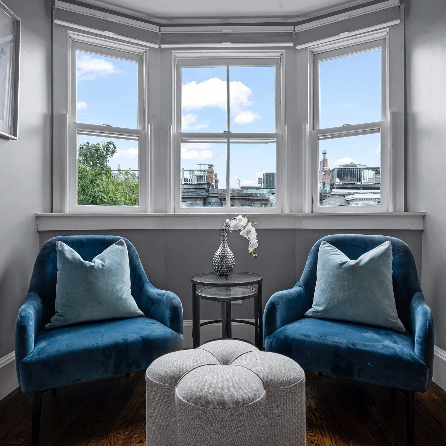 18. Bay Window Nook in Velvet Blue - gray and blue living room ideas