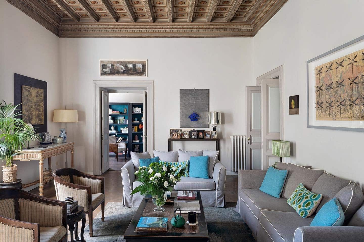 19. Classic Architecture with Turquoise Touches - gray and blue living room ideas