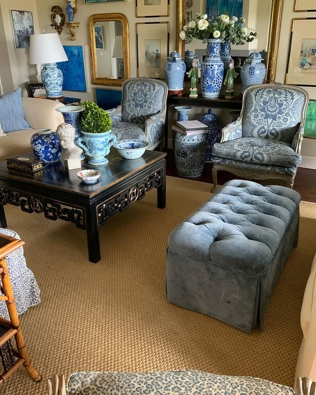 20. Eclectic Blue and Gold Traditional Elegance - gray and blue living room ideas
