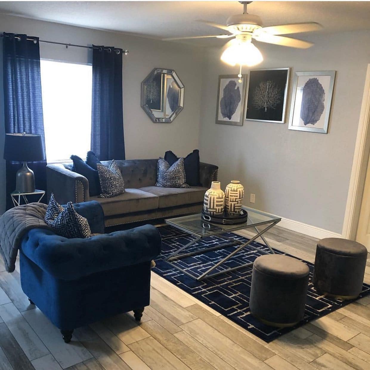 22. Sophisticated Navy and Silver Contrast - gray and blue living room ideas