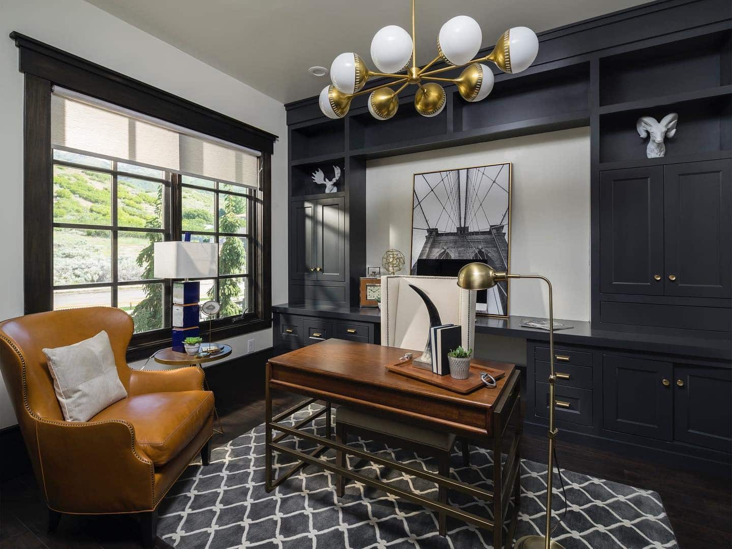 1. Classic Walnut Contrast Office - dark home office ideas