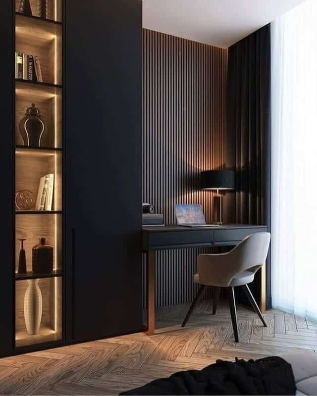7. Moody Walnut Alcove Office - dark home office ideas