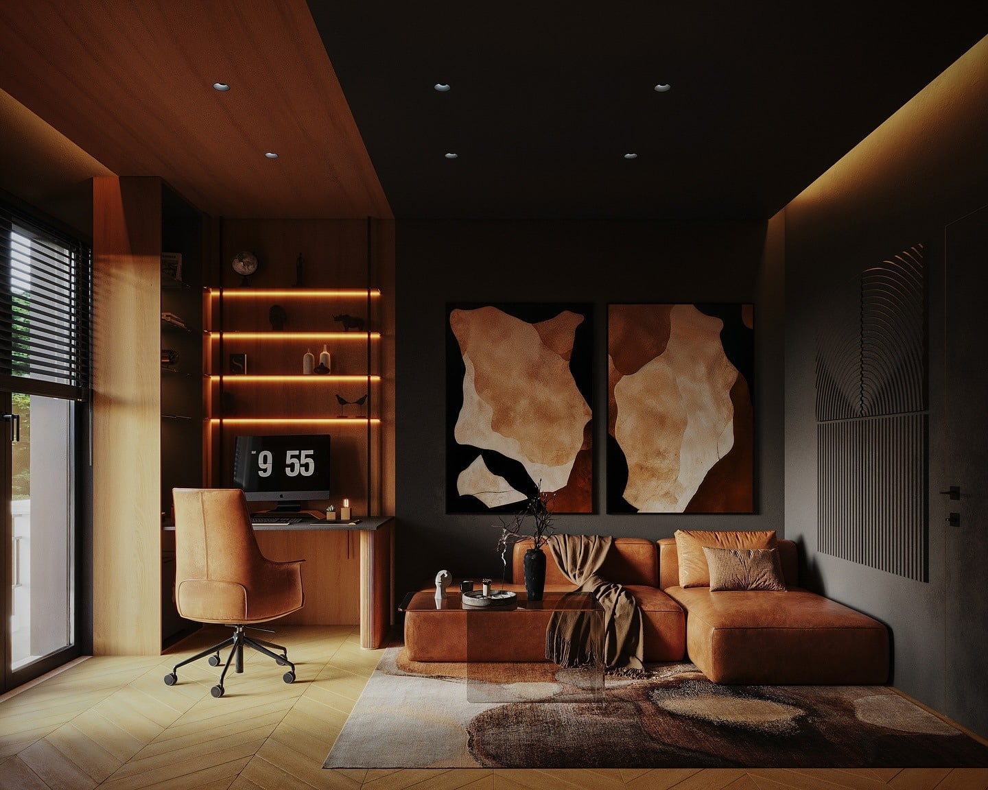 8. Amber Accent Office Lounge - dark home office ideas