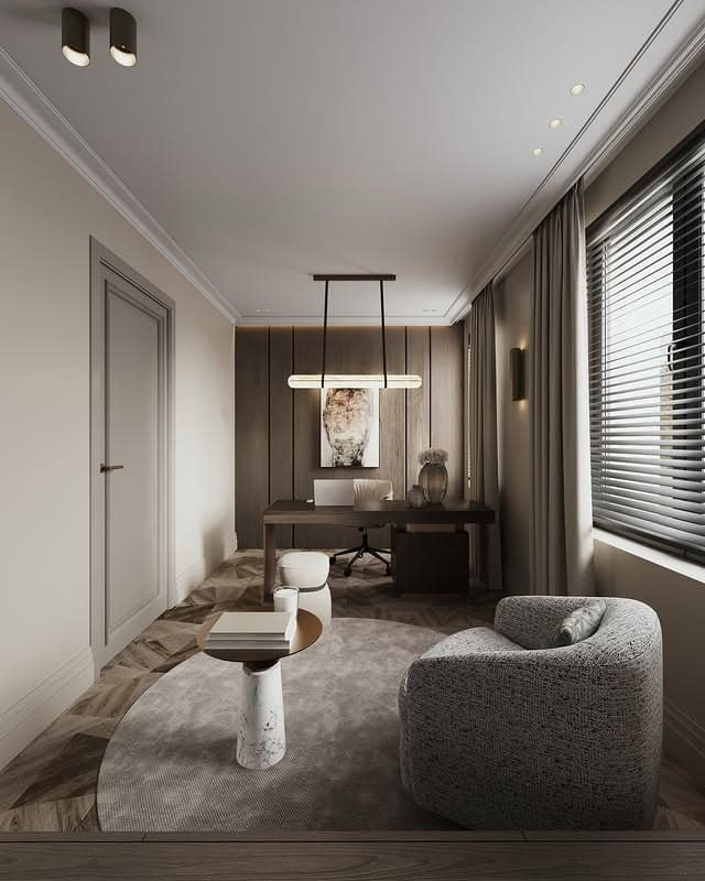 9. Soft Greige Executive Nook - dark home office ideas