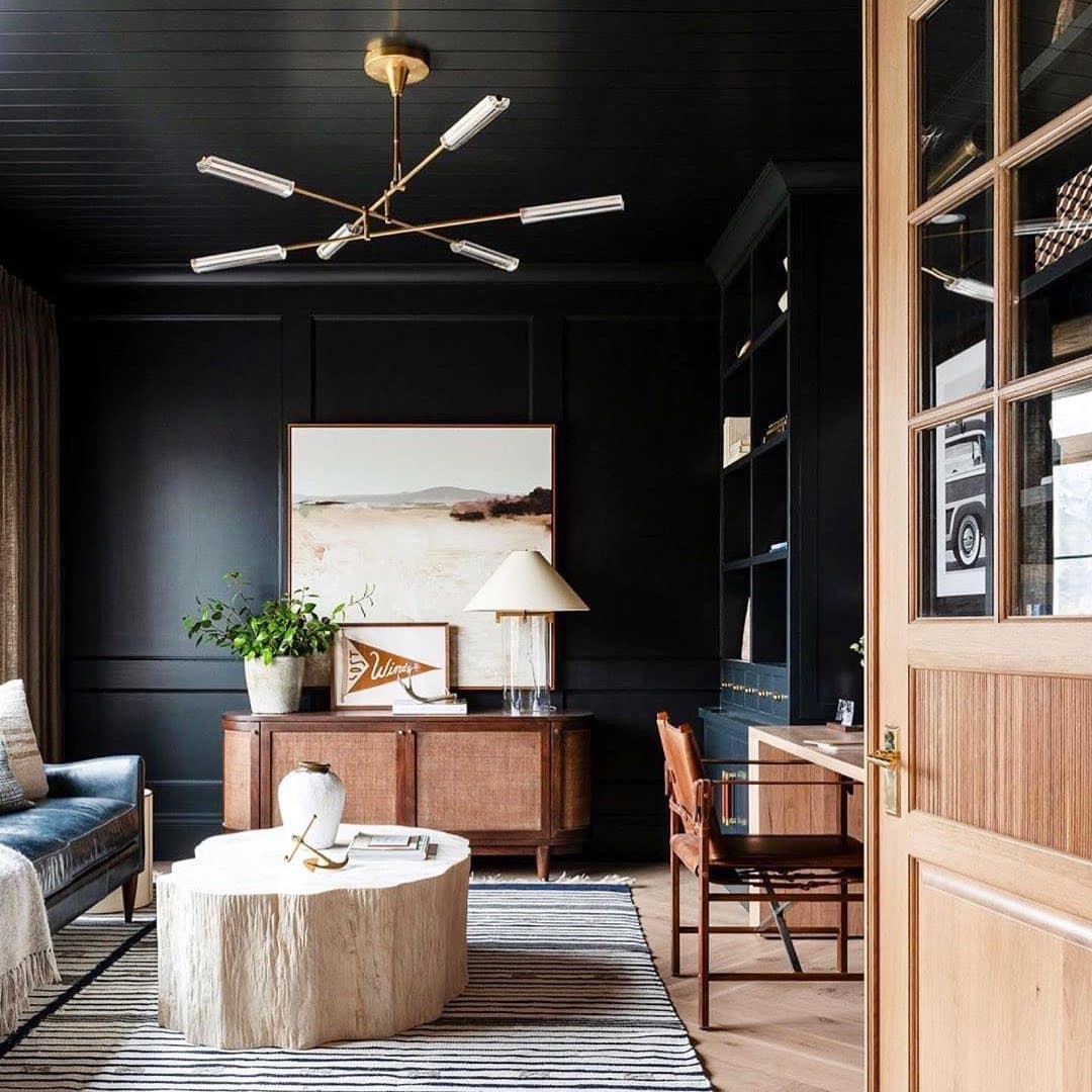 10. Midnight Oak Study with Natural Accents - dark home office ideas