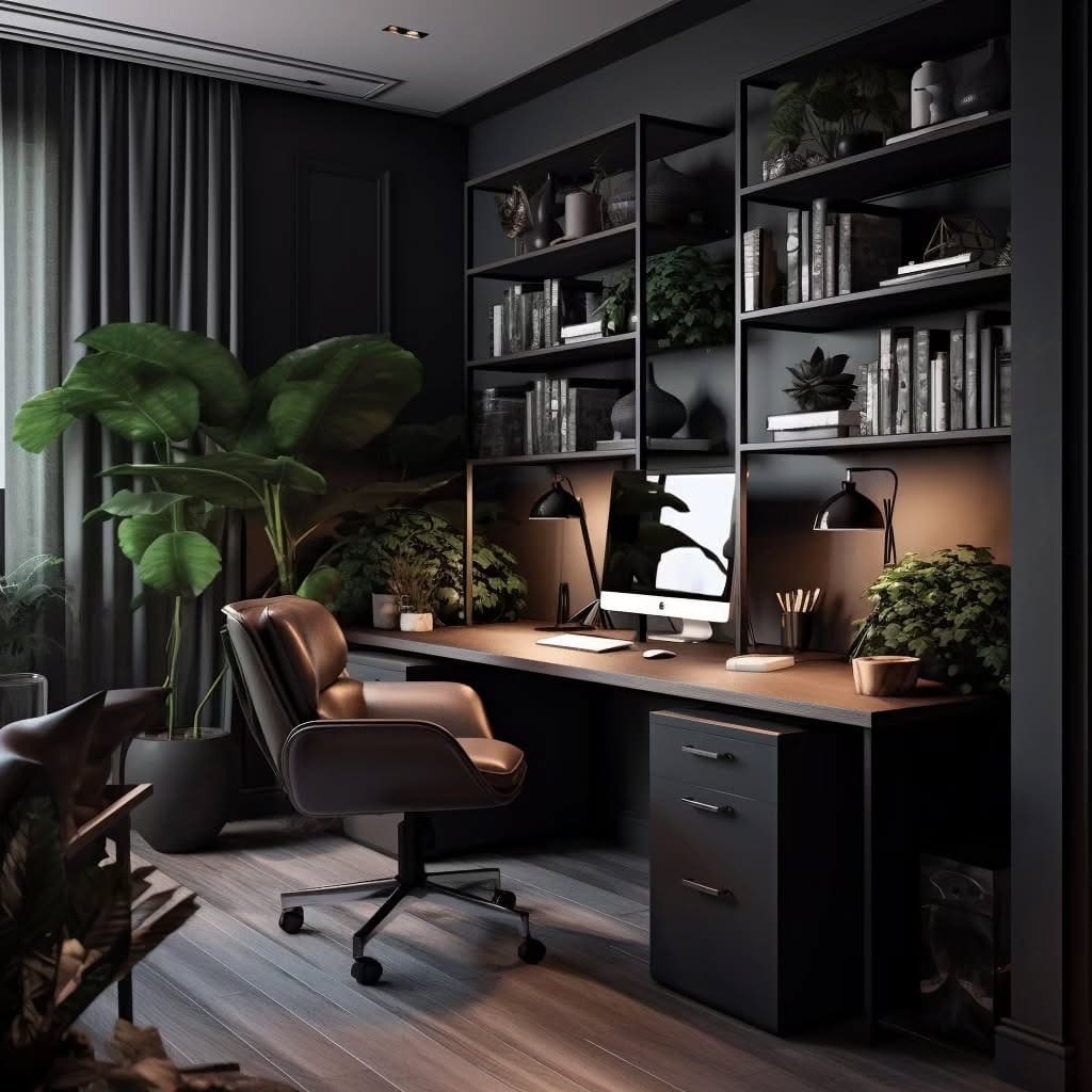 11. Charcoal Garden Office - dark home office ideas