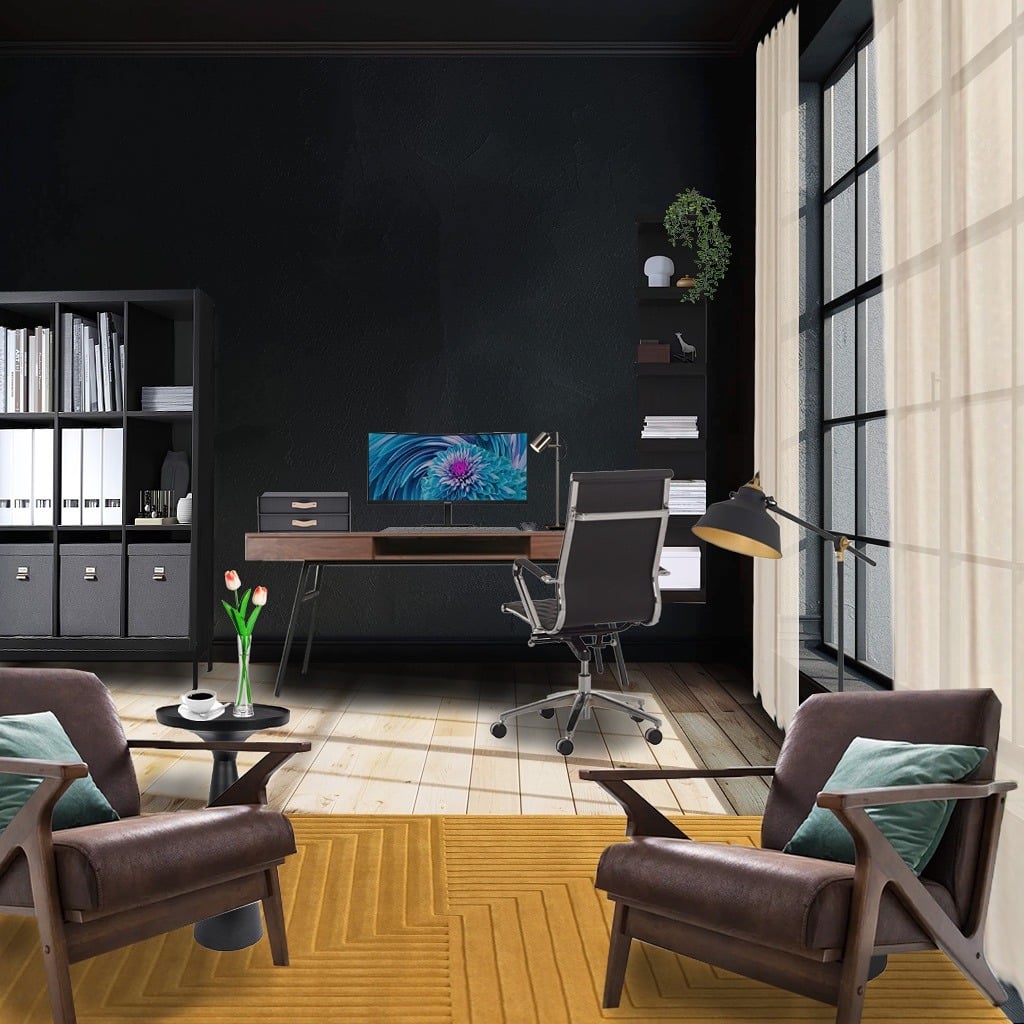 12. Dark Walnut Modern Workspace - dark home office ideas