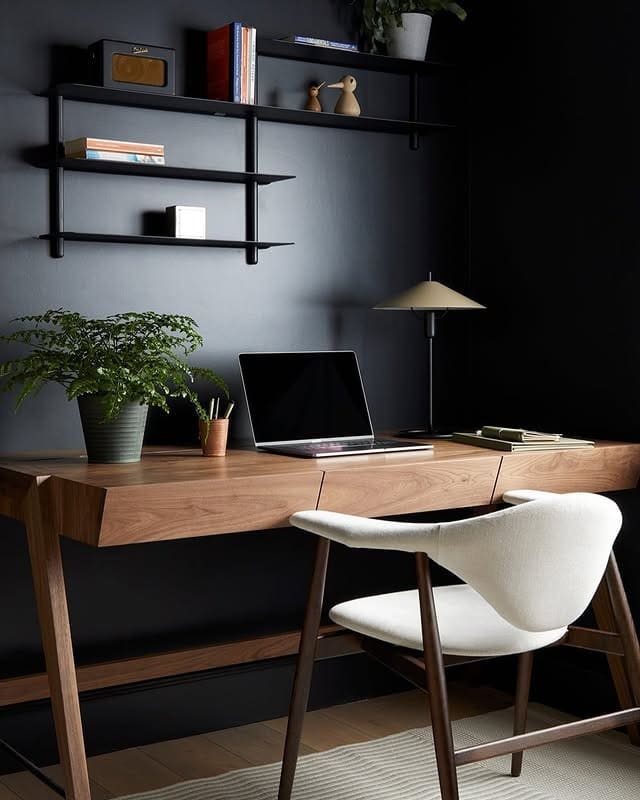 14. Matte Black and Walnut Minimal Office - dark home office ideas