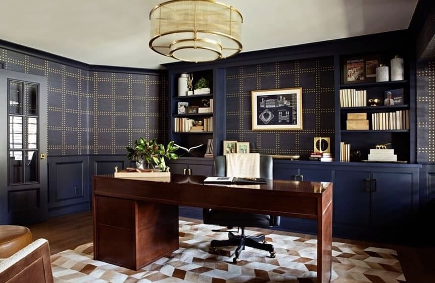 17. Navy Panel Luxe Office - dark home office ideas