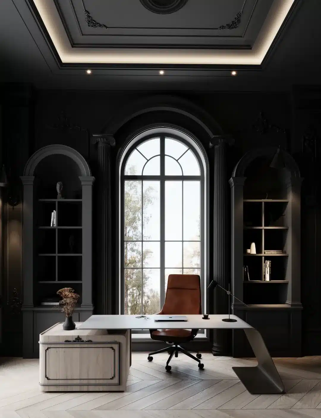 18. Grand Charcoal Architectural Office - dark home office ideas