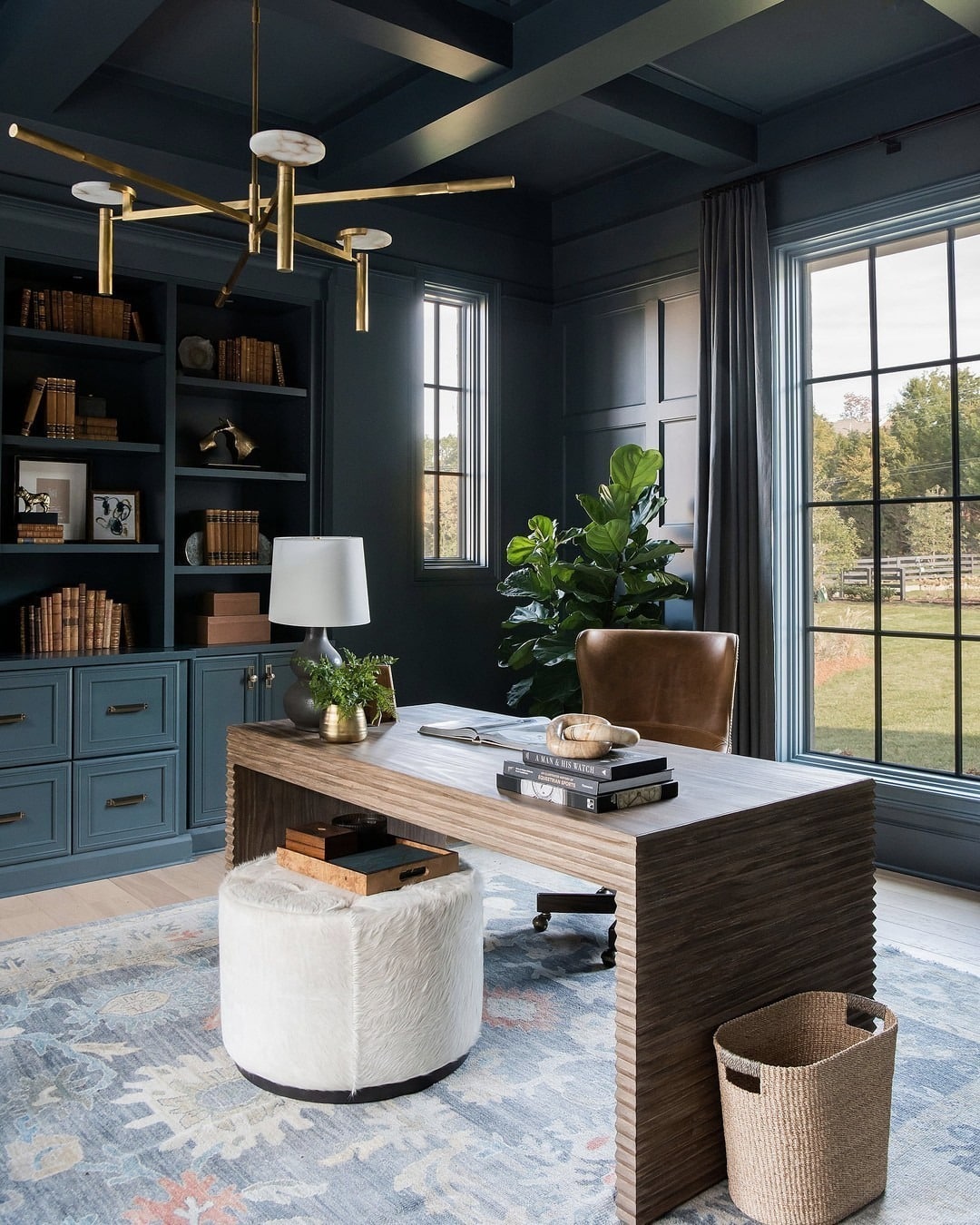 19. Smoky Teal Traditional Office - dark home office ideas