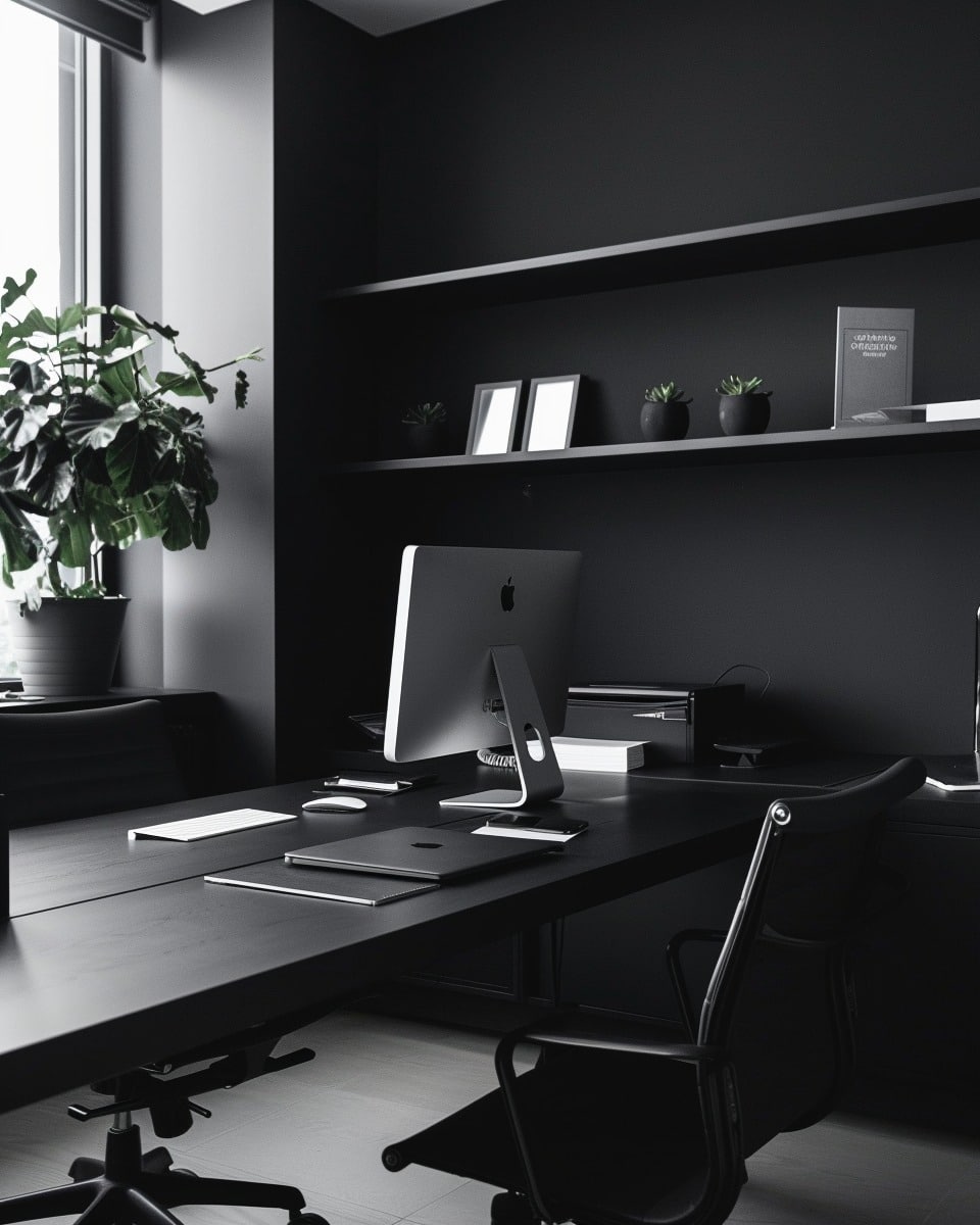 20. All-Black Modern Minimalist Office - dark home office ideas