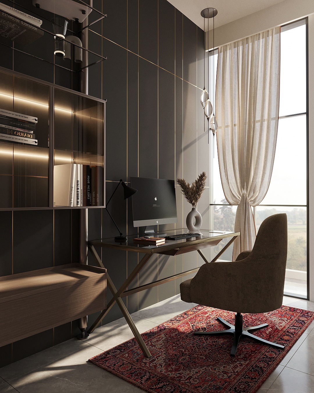 21. Modern Bronze Accent Office - dark home office ideas