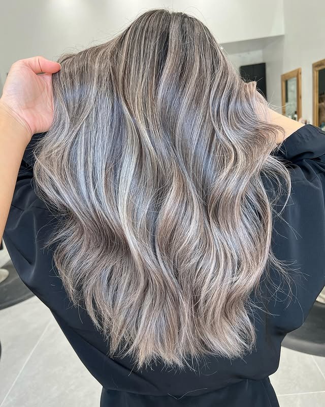 2. Smoky Silver Balayage Waves - Summer Hair Color