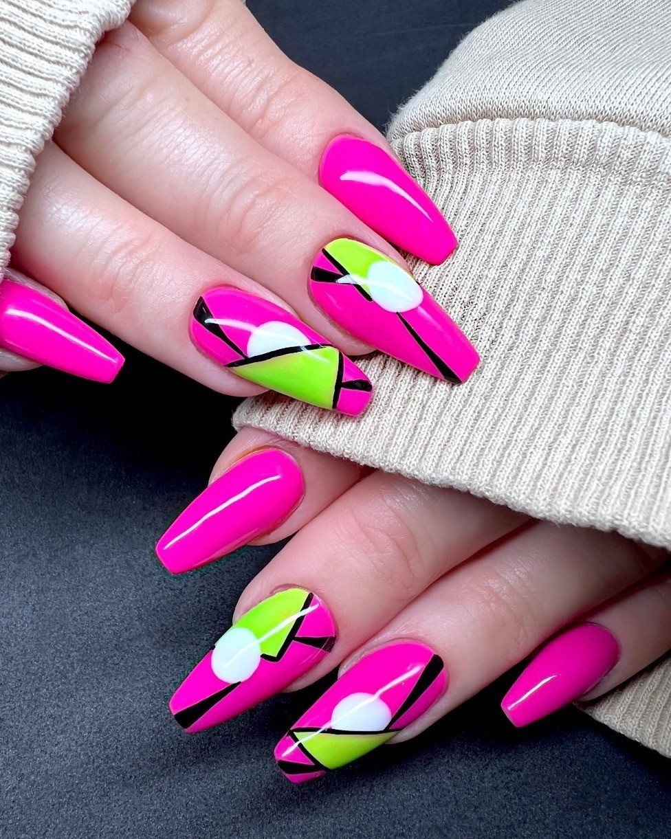 2. Electric Pop Art Coffin Nails - pink coffin nail ideas