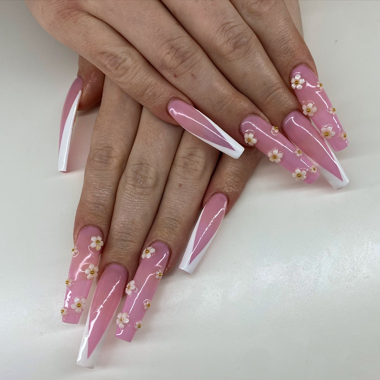4. Floral French Coffin Nails - pink coffin nail ideas