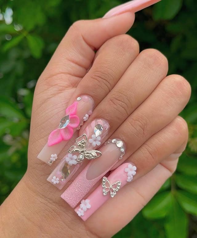 10. 3D Butterfly Fantasy Coffin Nails - pink coffin nail ideas