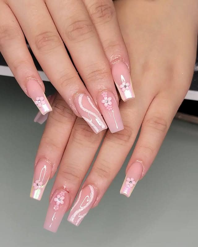 11. Soft Blossom Coffin Nails - pink coffin nail ideas