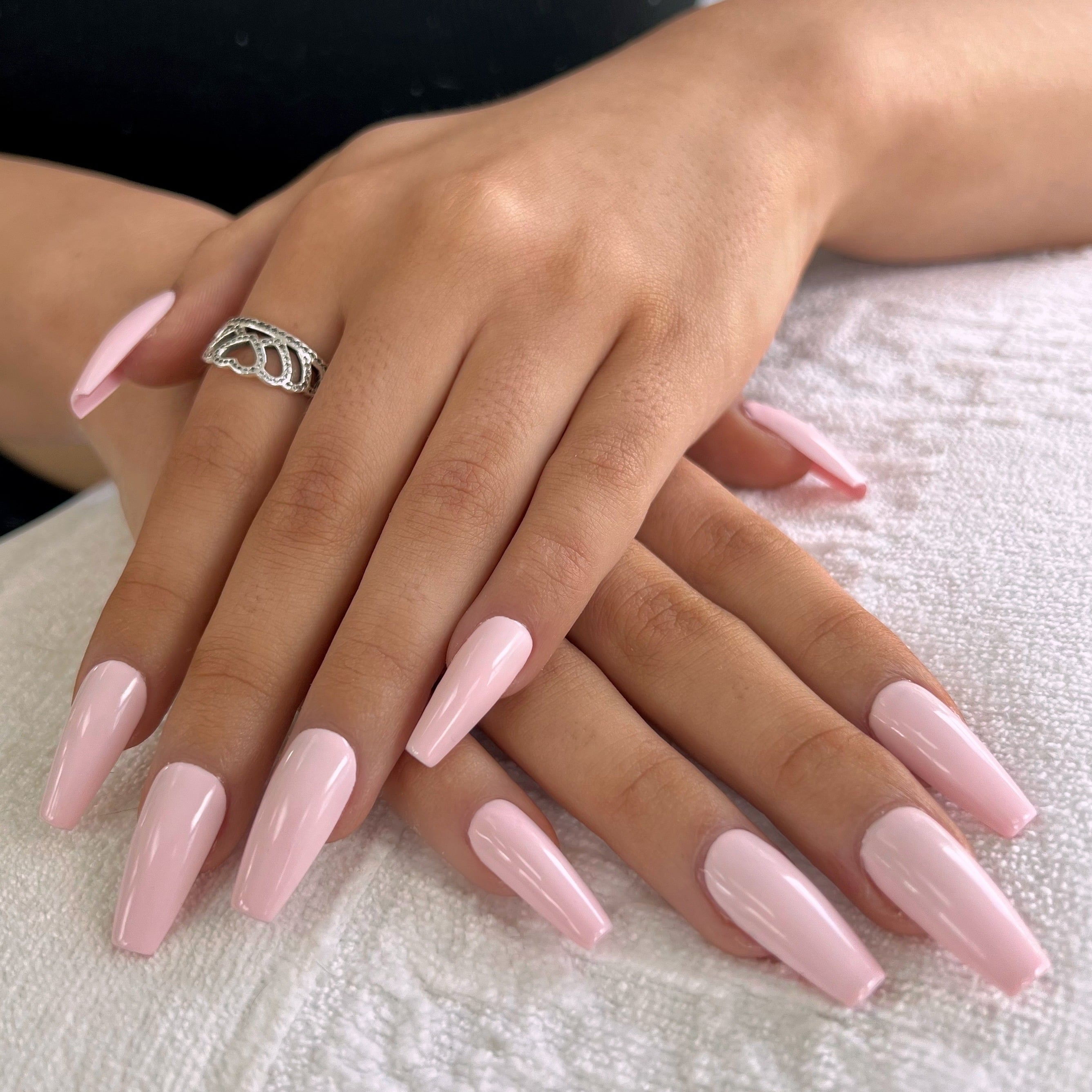 13. Baby Pink Shine Coffin Nails - pink coffin nail ideas