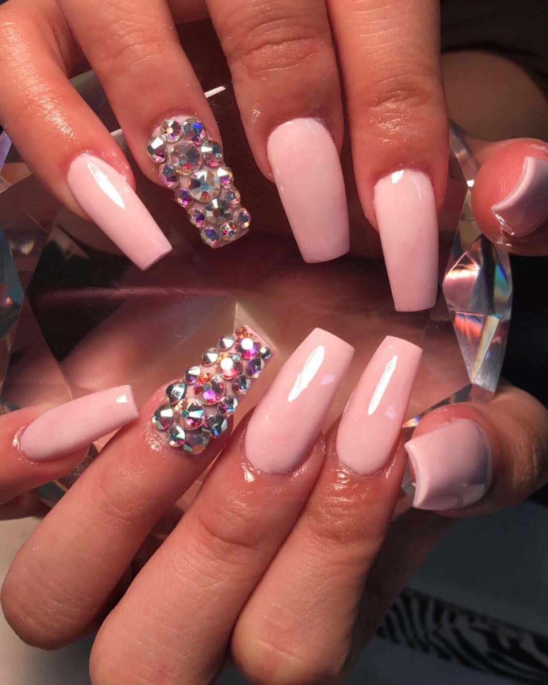 14. Crystal Accent Pink Coffin Nails - pink coffin nail ideas