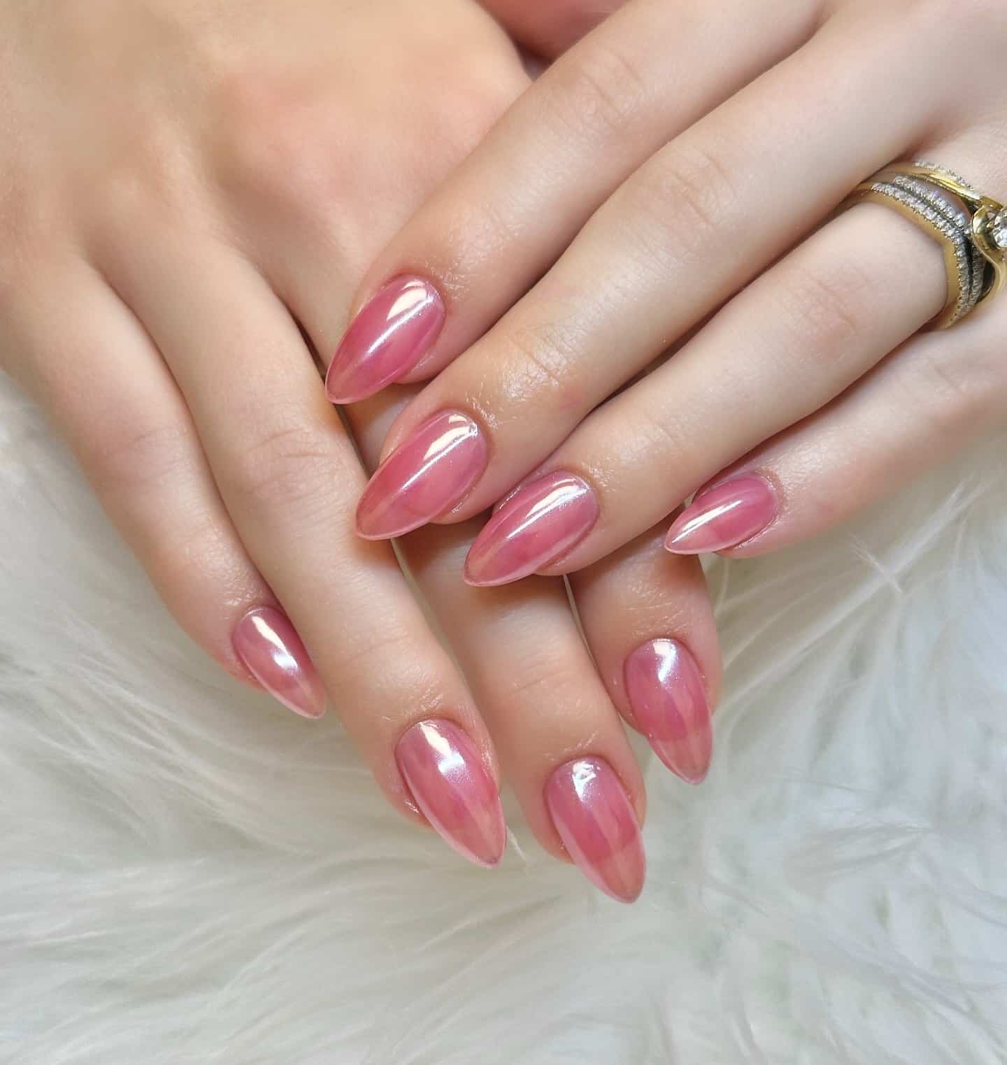 2. Rosy Blush Chrome Almonds - pink chrome nail ideas
