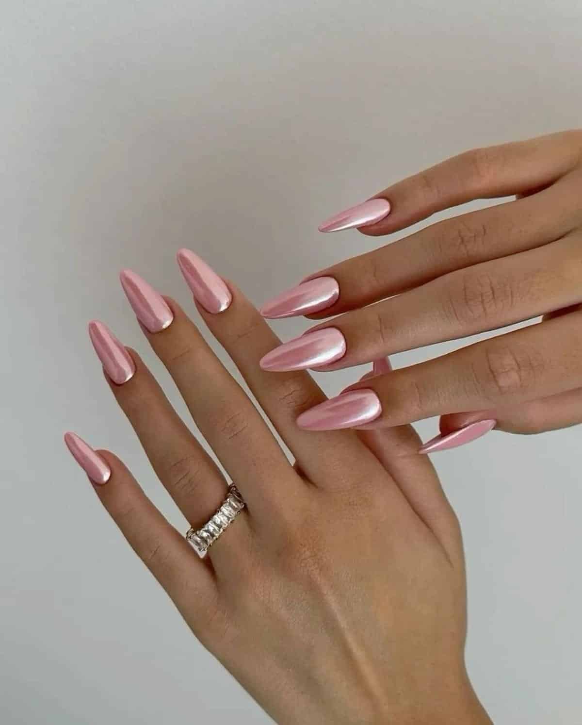 6. Metallic Rose Perfection - pink chrome nail ideas