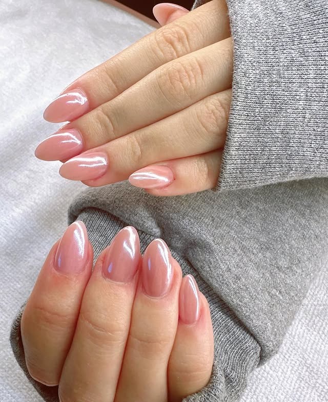 10. Pink Glazed Almond Perfection - pink chrome nail ideas